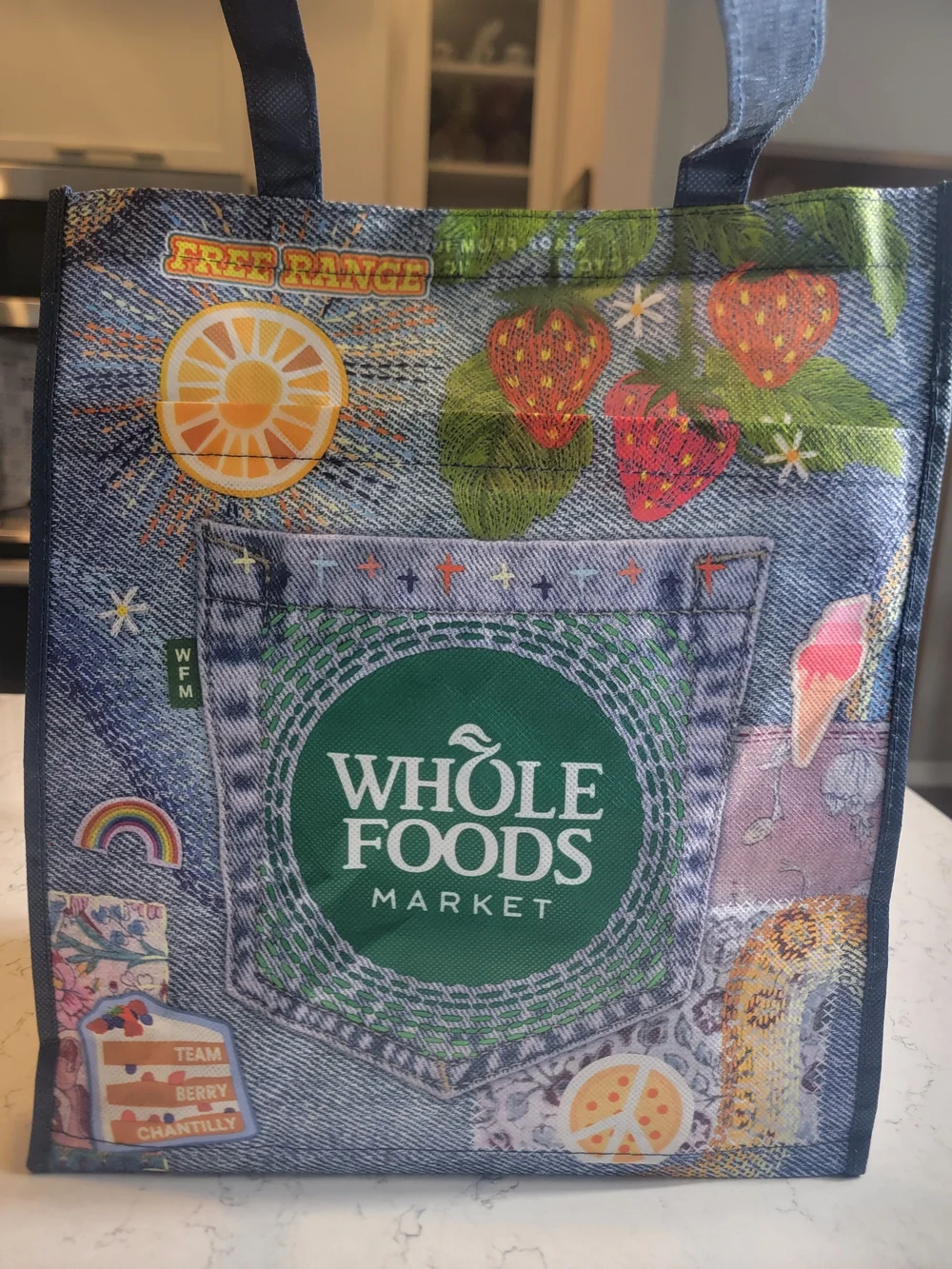 Whole Foods Denim Print Reusable Market Tote Bag Sustainable Grocery Carryall